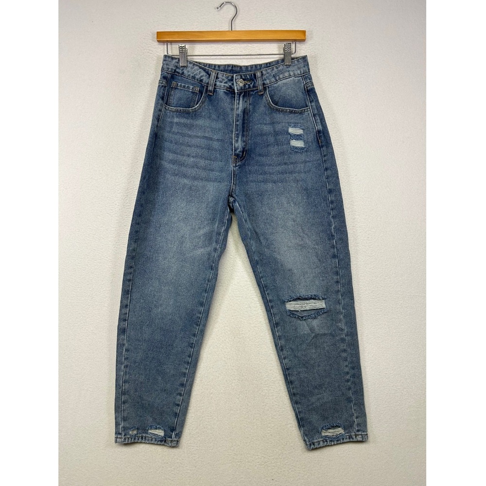 Grunge Women‎ Size M Blue Distressed High Waisted Ripped Mom Jeans Tapered
